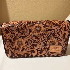 Tooled Floral Leather Wallet - Brown